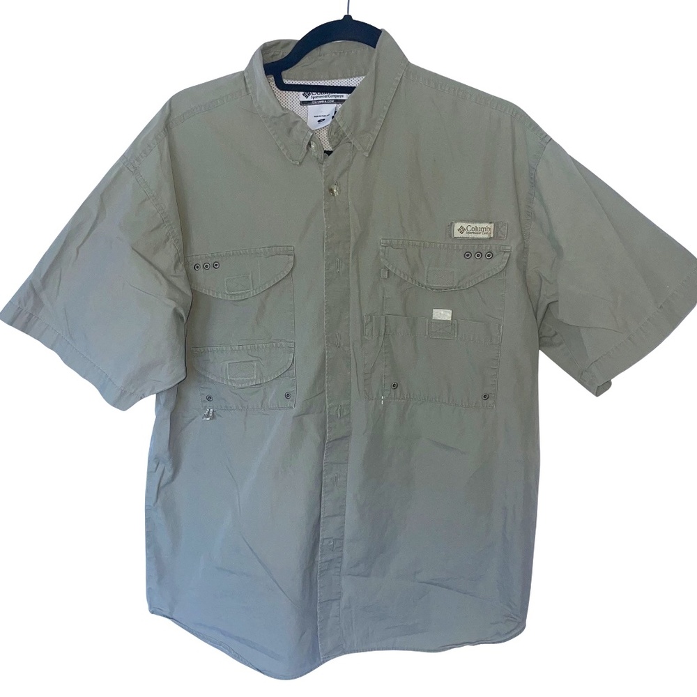 Columbia Men's PFG Button Down Vented Collar Beige Shirt Sz S